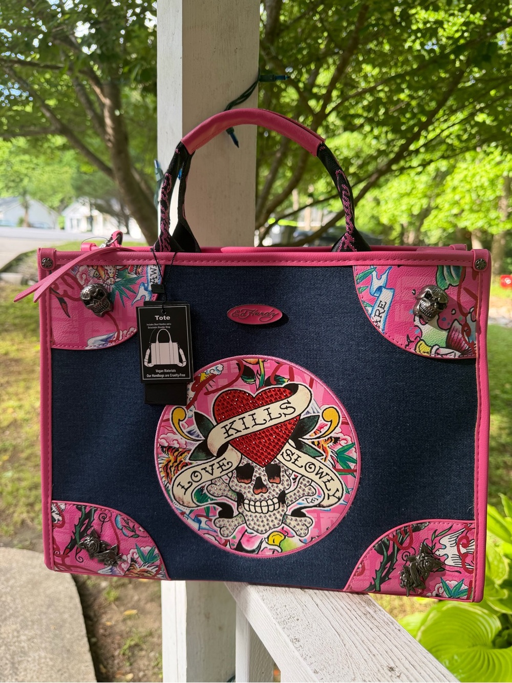 Ed Hardy pink & Navy Tote Bag with Skull Artwork